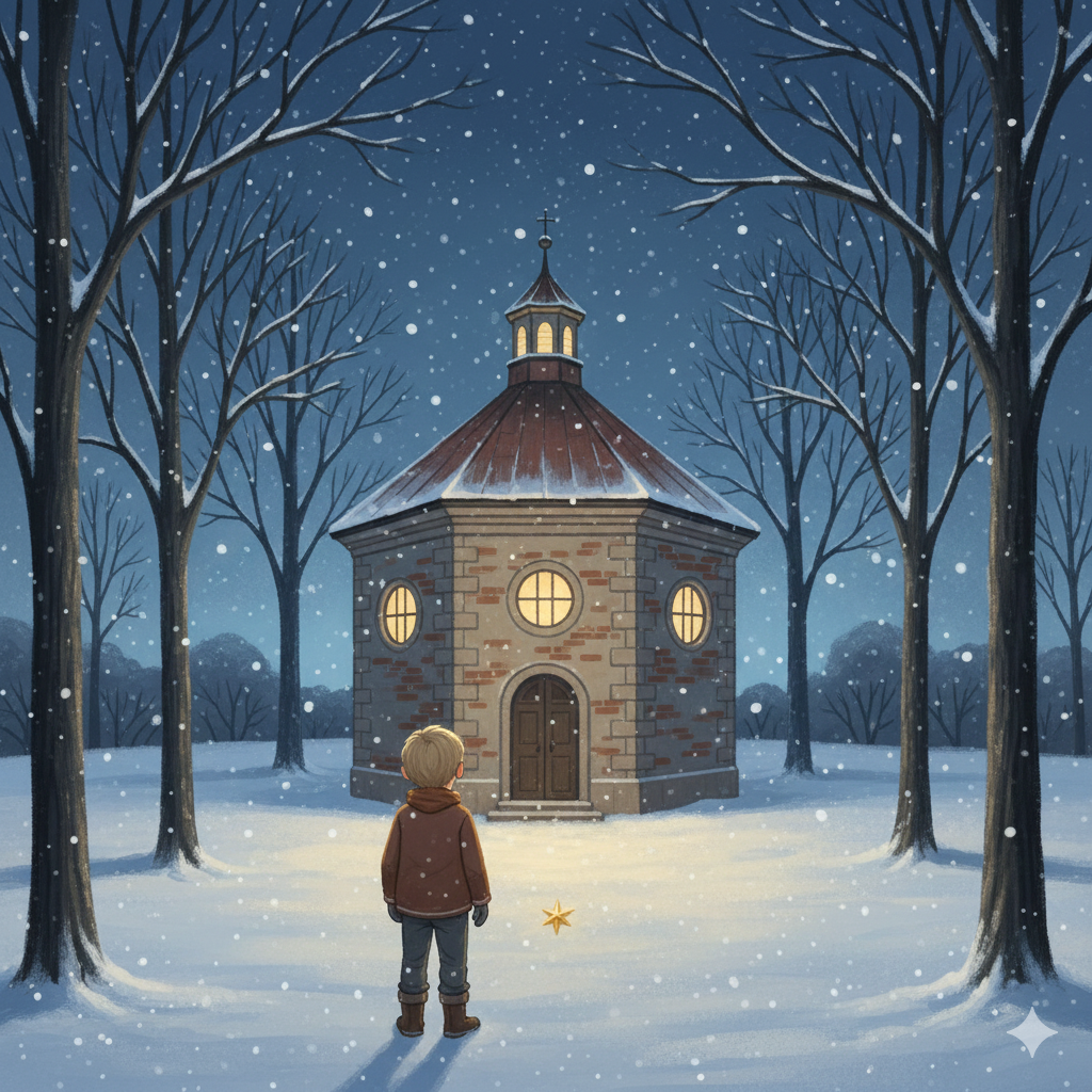 Illustration of the chapel square in Kevelaer in winter. A boy stands in the snow in front of the Chapel of Grace and discovers a small shining star.