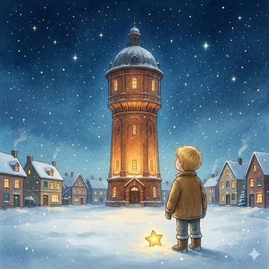 Illustration of the Kevelaer water tower on a wintry night. A boy stands in front of it while a small star rises from the tower.
