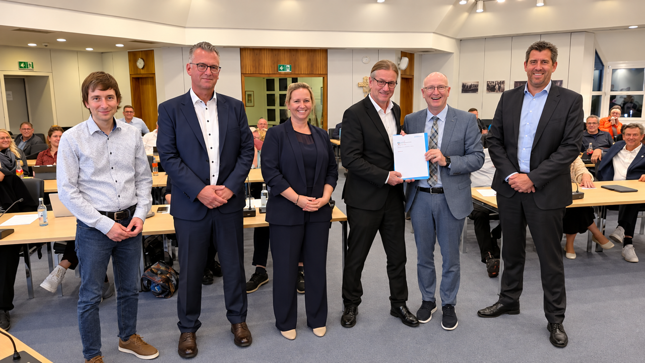 De voorzitter van de GPA overhandigt de burgemeester een verslag. Naast hem staan drie mannen en een vrouw