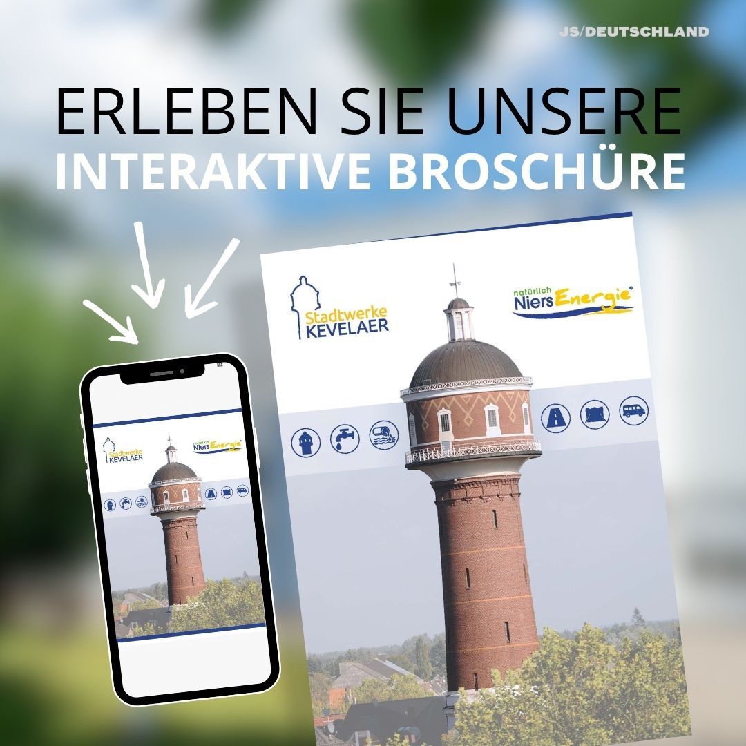 Titelseite der interaktiven Broschüre der Stadtwerke Kevelaer und NiersEnergie mit dem Wasserturm als Titelmotiv, dargestellt auf Smartphone und Printversion.