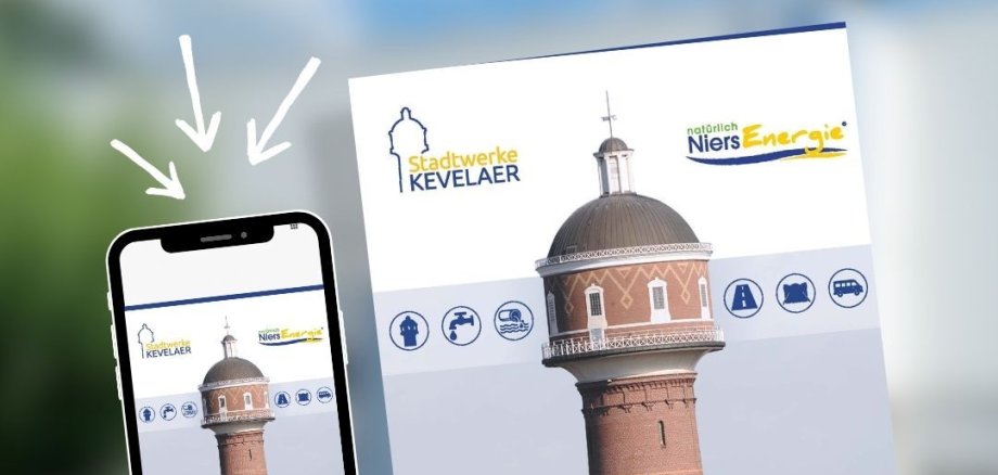 Titelseite der interaktiven Broschüre der Stadtwerke Kevelaer und NiersEnergie mit dem Wasserturm als Titelmotiv, dargestellt auf Smartphone und Printversion.