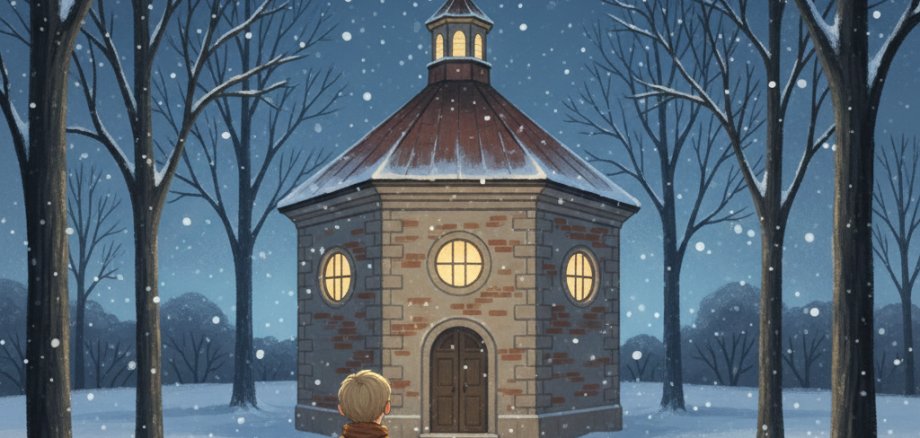 Illustration des Kapellenplatzes in Kevelaer im Winter. Ein Junge steht im Schnee vor der Gnadenkapelle und entdeckt einen kleinen leuchtenden Stern.