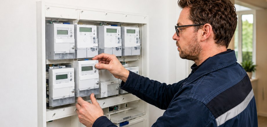 Smart Meter: Techniker am Stromzähler Ein Techniker arbeitet an digitalen Stromzählern in einem geöffneten Zählerschrank.