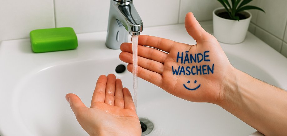 Zwei Hände unter einem laufenden Wasserhahn, auf einer Hand steht „Hände waschen“ – Erinnerung zum bewussten Händewaschen und Wassersparen.
