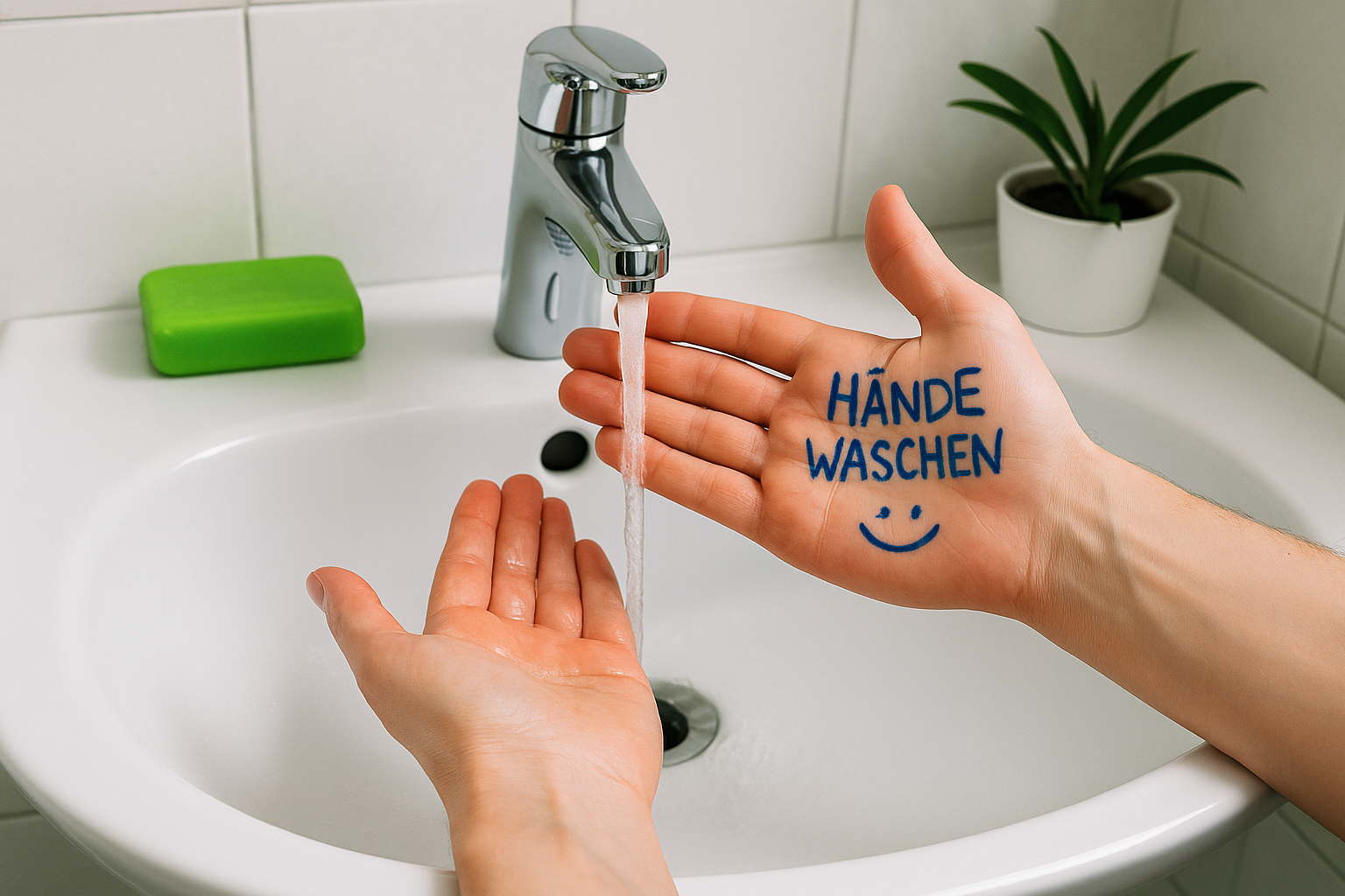 Zwei Hände unter einem laufenden Wasserhahn, auf einer Hand steht „Hände waschen“ – Erinnerung zum bewussten Händewaschen und Wassersparen.